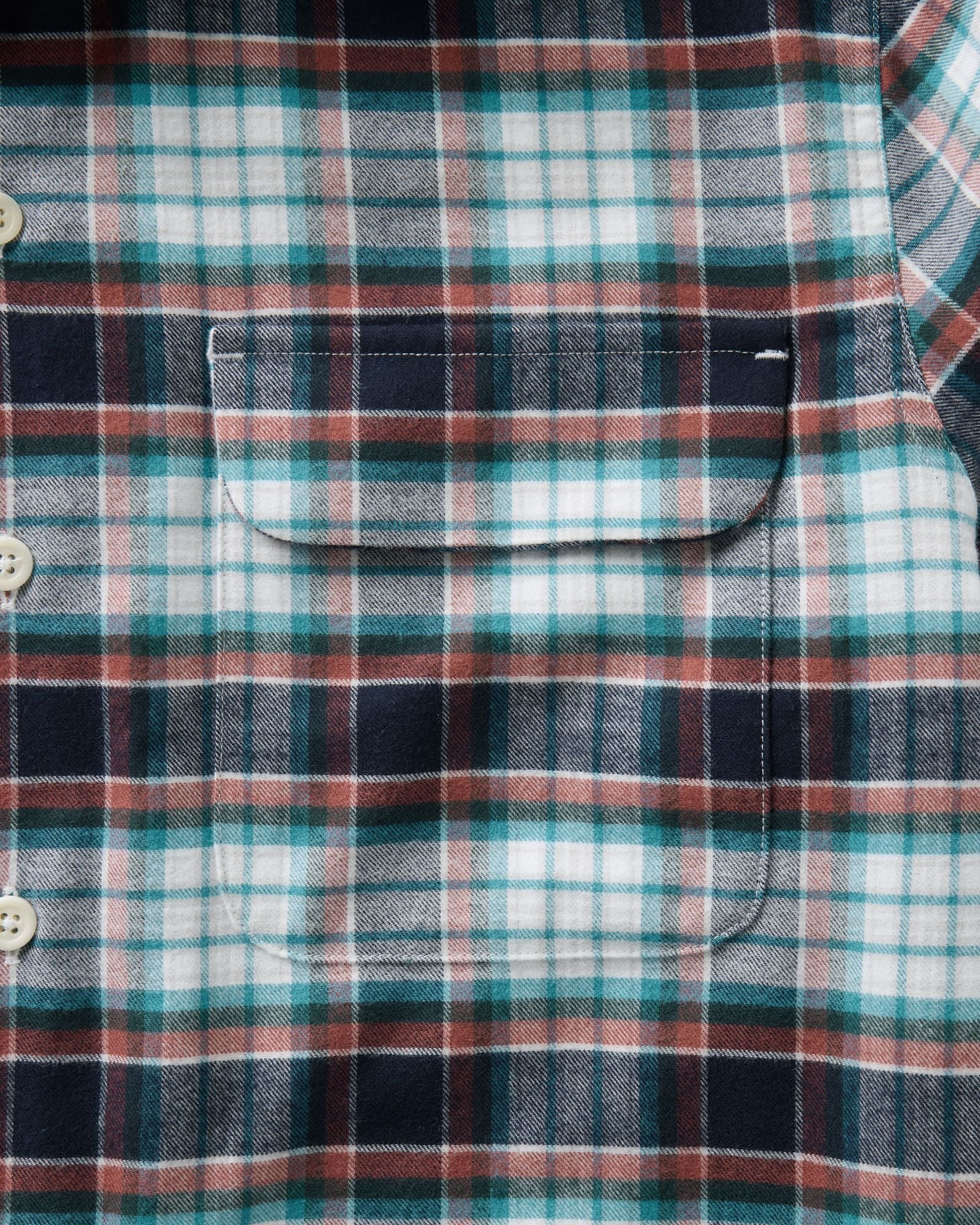 material shot of the pocket on The Shore Shirt in Harbor Check Portuguese Flannel, Wovens by Taylor Stitch