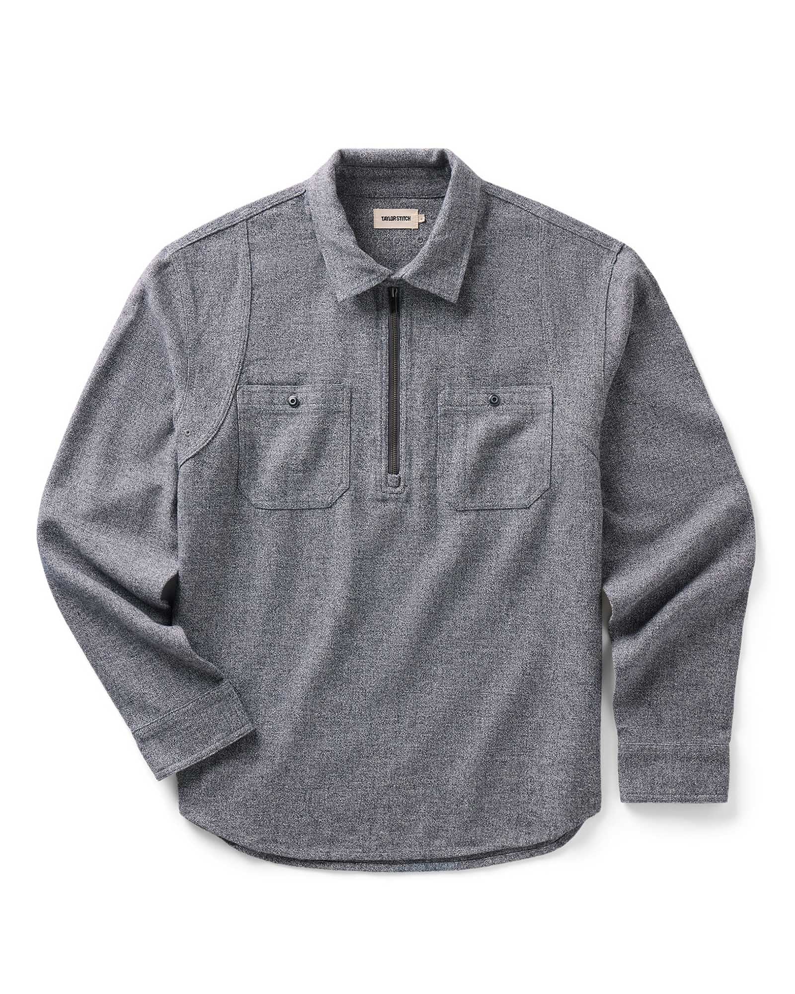 flatlay of The Tiller Half Zip in Greyscale Hemp Jaspe, Wovens by Taylor Stitch