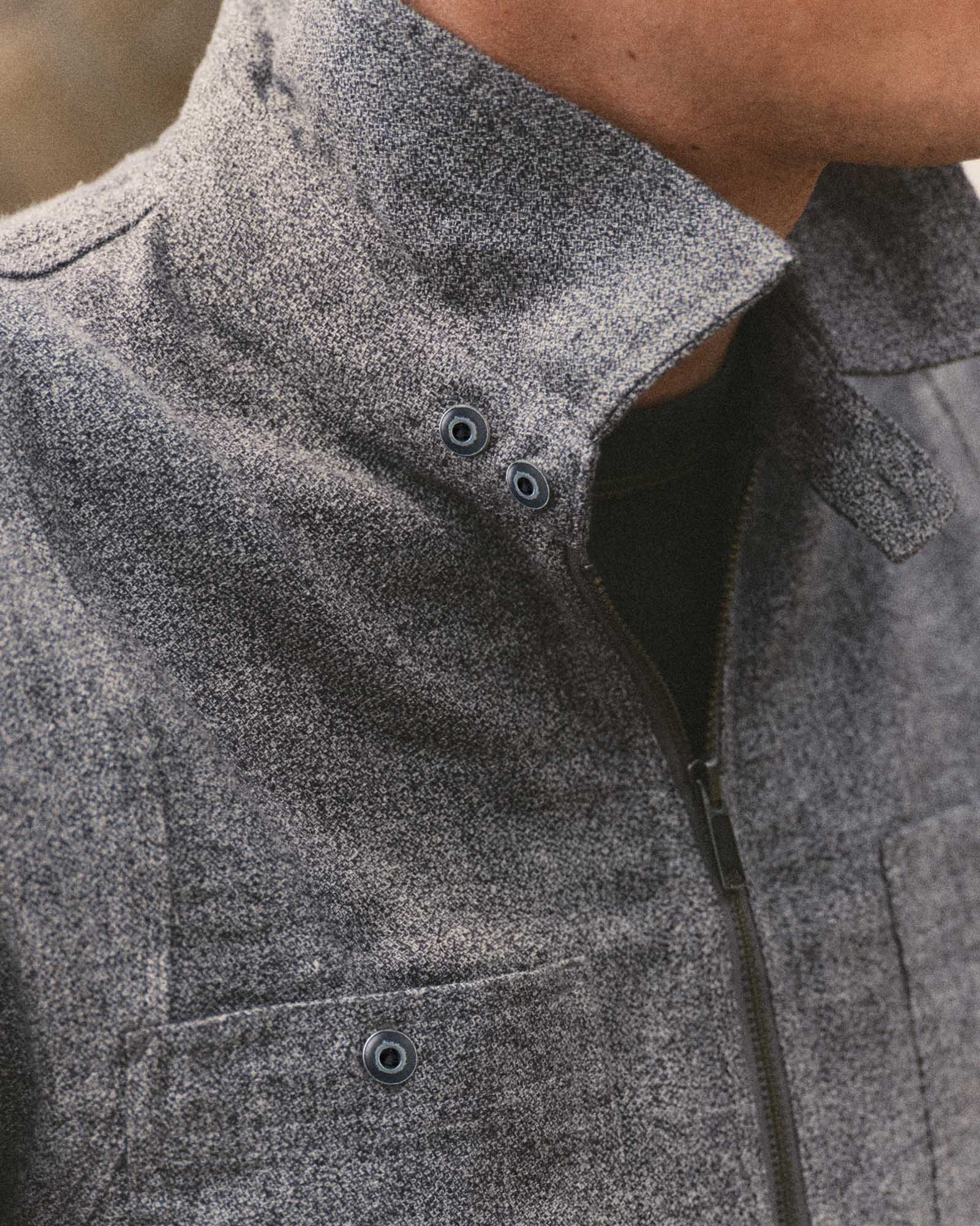 fit model showing off the collar on The Tiller Half Zip in Greyscale Hemp Jaspe, Wovens by Taylor Stitch