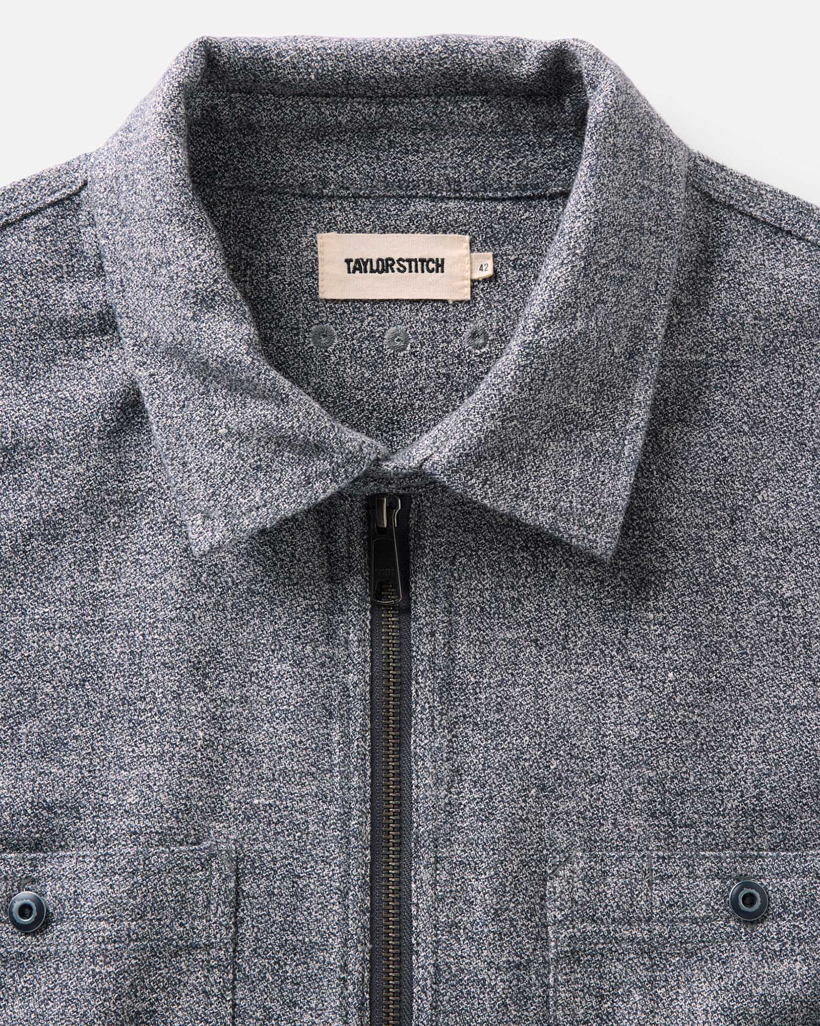 material shot of the collar on The Tiller Half Zip in Greyscale Hemp Jaspe, Wovens by Taylor Stitch