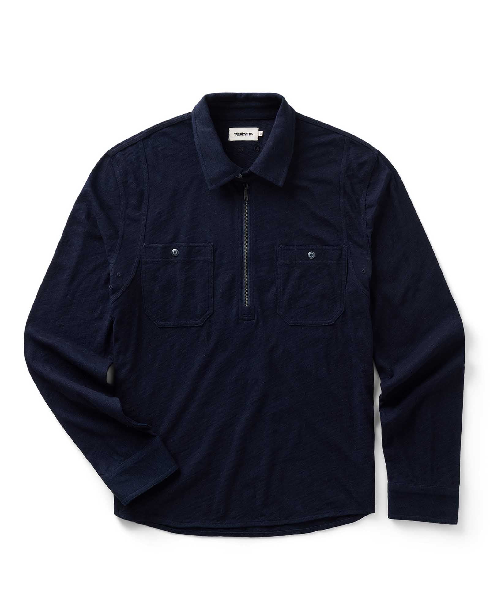 flatlay of The Tiller Half Zip in Rinsed Indigo Slub, Knits by Taylor Stitch