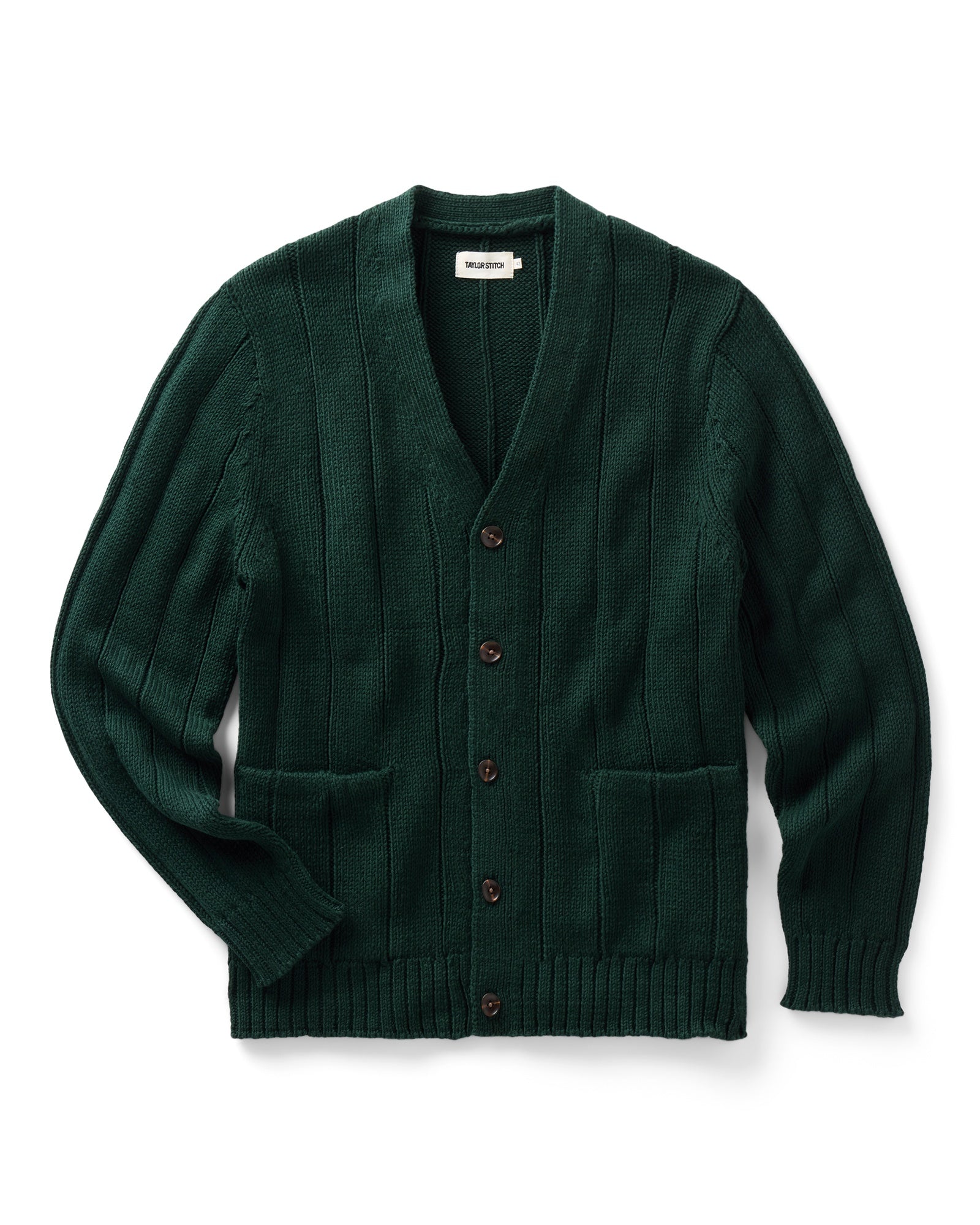 flatlay of The Trench Cardigan in Dark Forest Rib Linen, Knits by Taylor Stitch