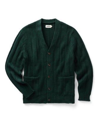 flatlay of The Trench Cardigan in Dark Forest Rib Linen