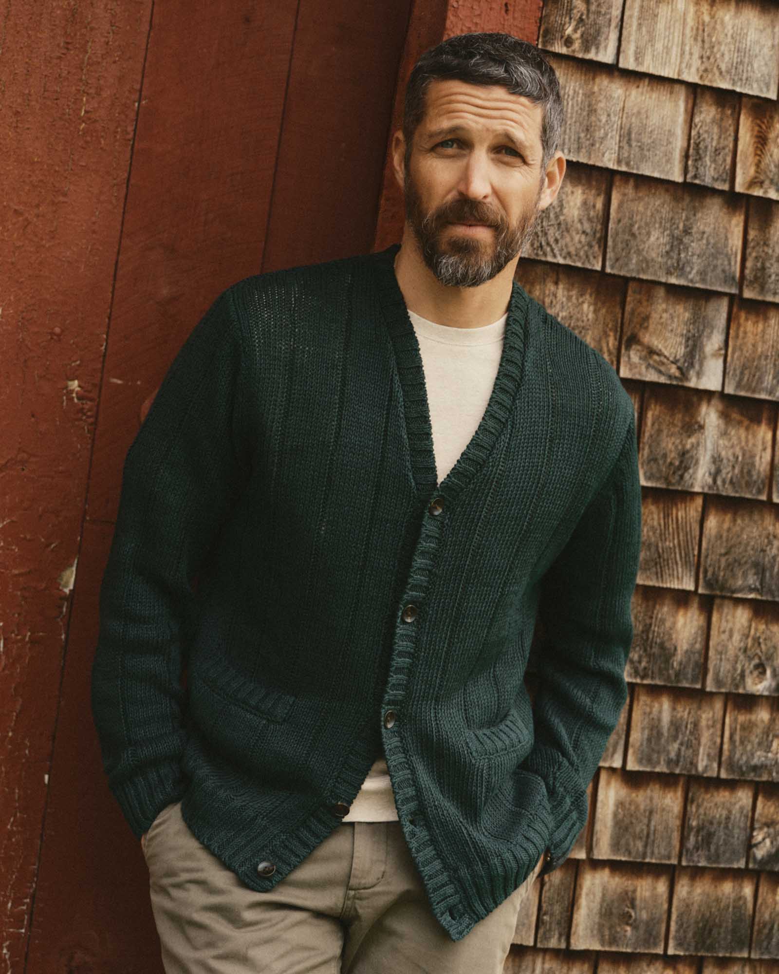 fit model posing in The Trench Cardigan in Dark Forest Rib Linen, Knits by Taylor Stitch