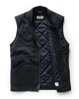 flatlay of The Workhorse Vest in Coal Boss Duck, open, Outerwear by Taylor Stitch