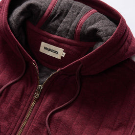 material shot of the hood on The Apres Zip Hoodie in Burgundy Quilt