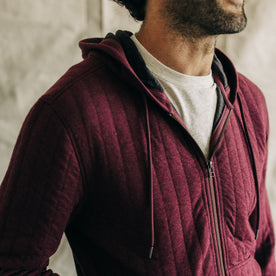 fit model showing the front of The Apres Zip Hoodie in Burgundy Quilt