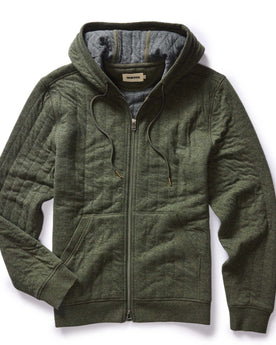 flatlay of The Apres Zip Hoodie in Fatigue Olive Quilt, Knits by Taylor Stitch