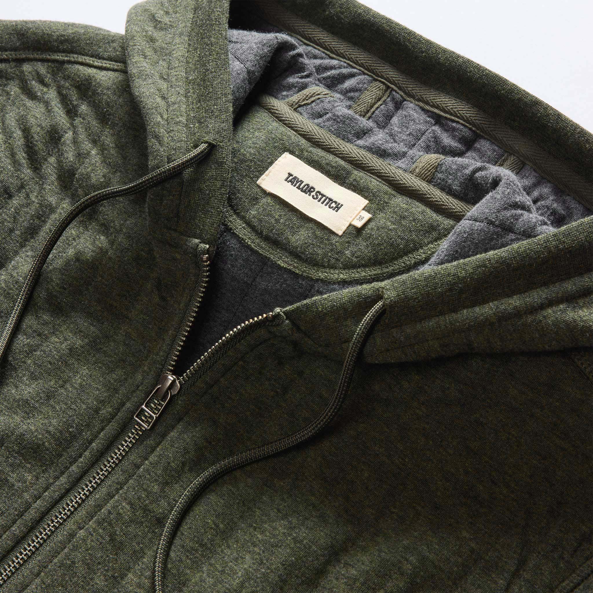 material shot of the hood on The Apres Zip Hoodie in Fatigue Olive Quilt, Knits by Taylor Stitch