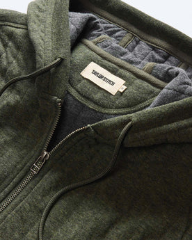 material shot of the hood on The Apres Zip Hoodie in Fatigue Olive Quilt, Knits by Taylor Stitch