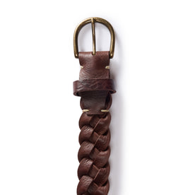 material shot of the antique brass buckle on The Braided Belt in Dark Brown