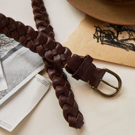 material shot of the braided construction of The Braided Belt in Dark Brown