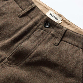 material shot of the button fly on The Carnegie Pant in Army Herringbone Wool