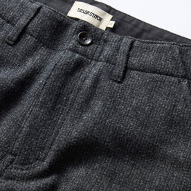 material shot of the button fly on The Carnegie Pant in Charcoal Heather Wool
