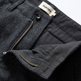 material shot of the zipper fly on The Carnegie Pant in Charcoal Heather Wool