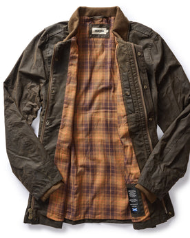 flatlay of The Clutch Jacket in Soil Waxed Canvas, shown open, Outerwear by Taylor Stitch