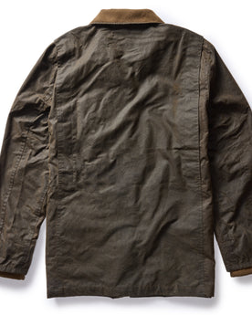 flatlay of The Clutch Jacket in Soil Waxed Canvas, shown from back, Outerwear by Taylor Stitch