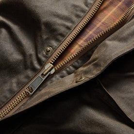 material shot of the YKK zipper on The Clutch Jacket in Soil Waxed Canvas
