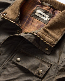 material shot of the collar on The Clutch Jacket in Soil Waxed Canvas, Outerwear by Taylor Stitch