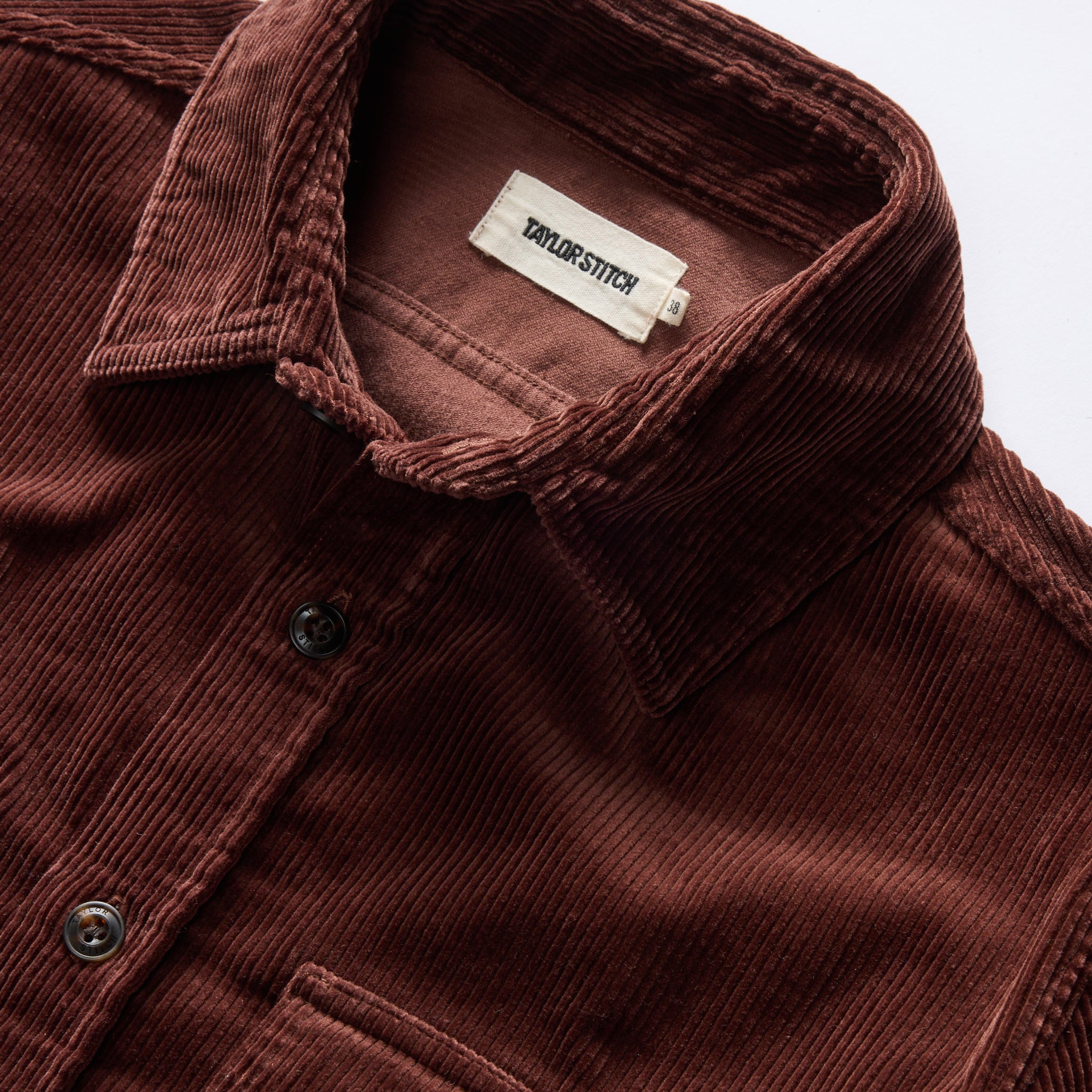 material shot of the collar on The Connor Shirt in Burgundy Cord, Wovens by Taylor Stitch