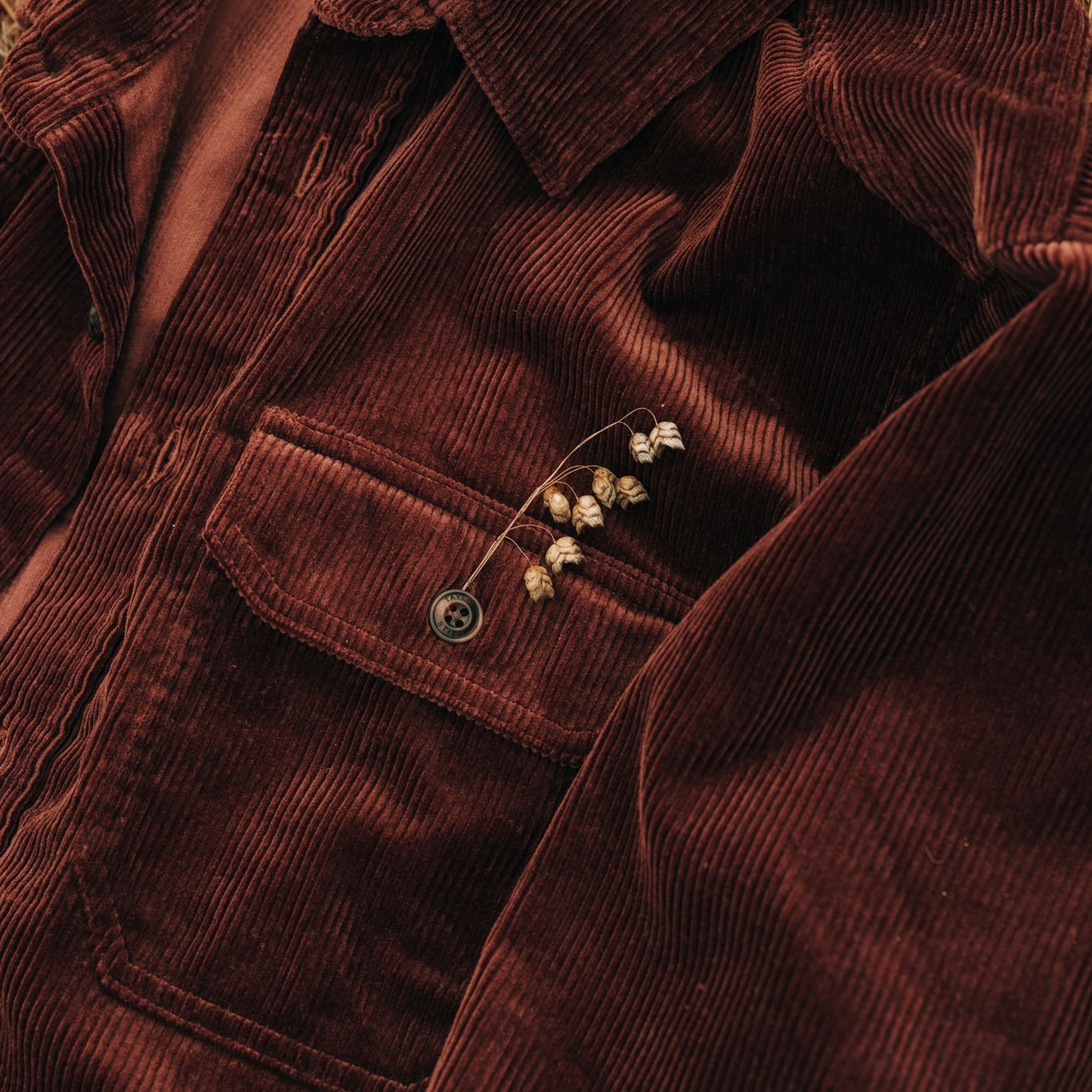 material shot of the front pockets on The Connor Shirt in Burgundy Cord, Wovens by Taylor Stitch