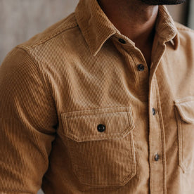 fit model showing the front chest pockets on The Connor Shirt in Camel Cord
