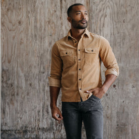 fit model wearing The Connor Shirt in Camel Cord