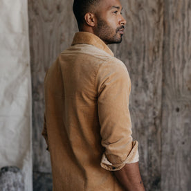 fit model showing the back of The Connor Shirt in Camel Cord