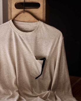fit model in The Cotton Hemp Long Sleeve Tee in Heathered Oat, Knits by Taylor Stitch