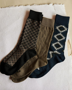 The Crew Sock in Coal Jacquard, Navy Kilim and Raindrop Camo, Accessories by Taylor Stitch