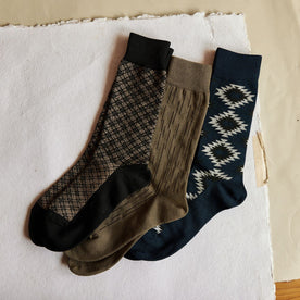 The Crew Sock in Coal Jacquard, Navy Kilim and Raindrop Camo