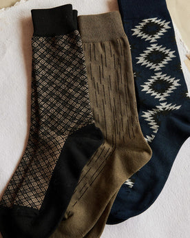 The Crew Sock in Coal Jacquard, Navy Kilim and Raindrop Camo, Accessories by Taylor Stitch