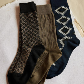 The Crew Sock in Coal Jacquard, Navy Kilim and Raindrop Camo