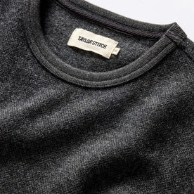 material shot of the ribbed neck opening on The Evans Crew in Charcoal Birdseye Wool