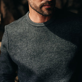 fit model showing the front of The Evans Crew in Charcoal Birdseye Wool