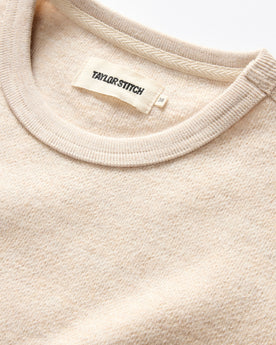 material shot of the ribbed neck opening on The Evans Crew in Oat Birdseye Wool, Knits by Taylor Stitch