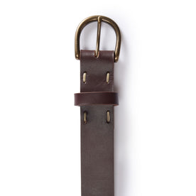 material shot of the antique brass buckle on The Foundation Belt in Dark Brown