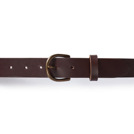 material shot of the brass buckle and belt loop on The Foundation Belt in Dark Brown