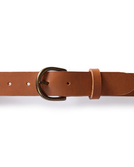 editorial image of The Foundation Belt in Whiskey buckled, Accessories by Taylor Stitch