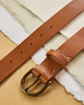 editorial image of the belt buckle on The Foundation Belt in Whiskey, Accessories by Taylor Stitch