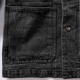 material shot of the front pockets on The Fremont Jacket in Black 3-Month Wash Selvage Denim