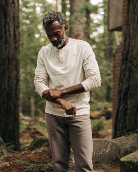 fit model in The Heavy Bag Henley in Natural, Knits by Taylor Stitch