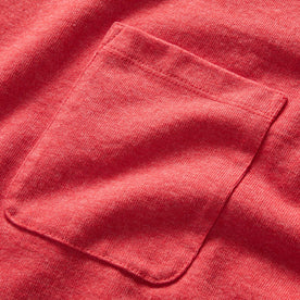 material shot of the front chest pocket on The Heavy Bag Tee in Cardinal