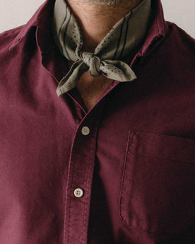 fit model showing off the collar on The Jack in Burgundy Oxford, Wovens by Taylor Stitch