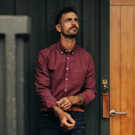 fit model adjusting his sleeves in The Jack in Burgundy Oxford