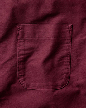 fit model showing the front of The Jack in Burgundy Oxford, Wovens by Taylor Stitch