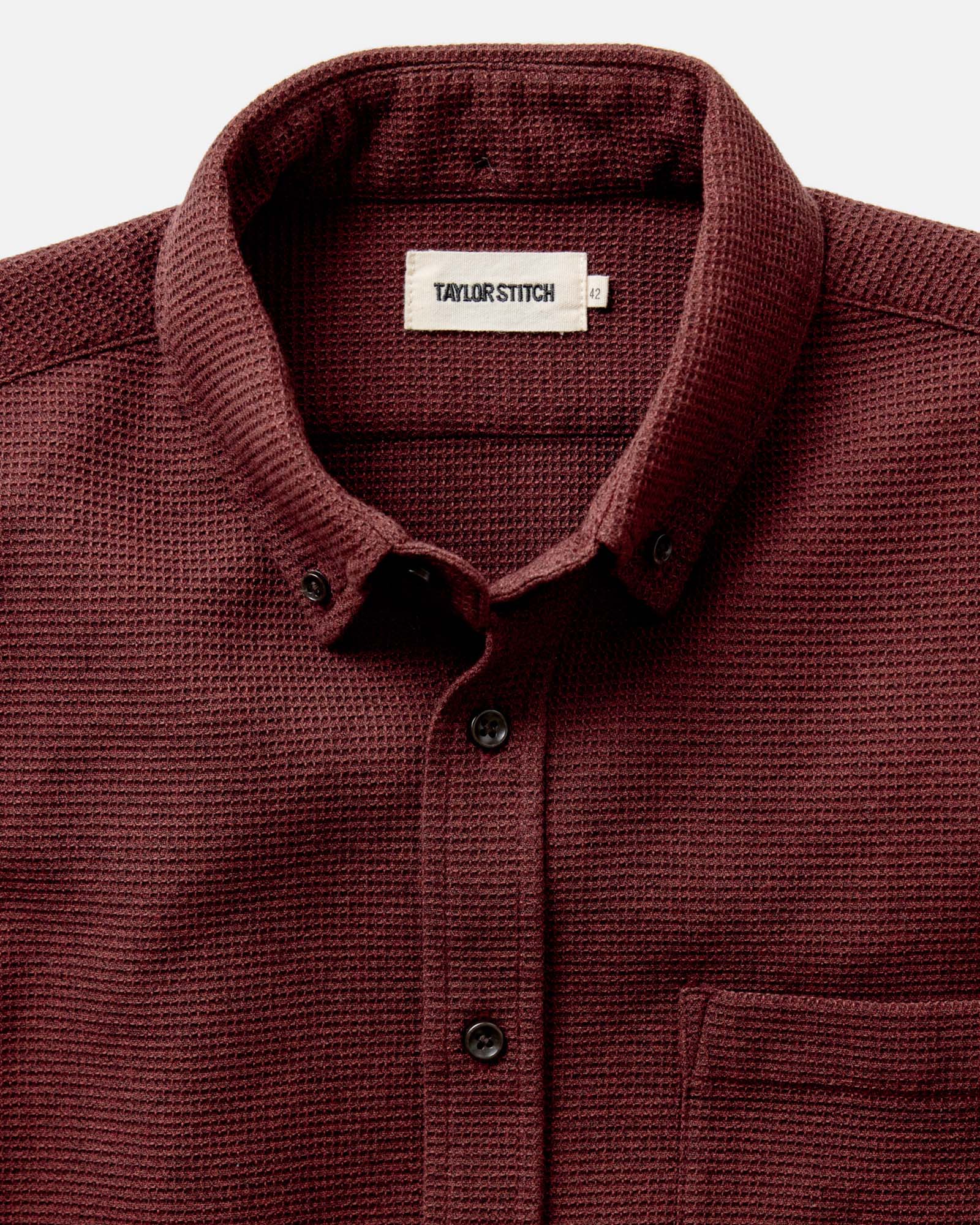 flatlay of The Jack in Burgundy Waffle, shown in full, Wovens by Taylor Stitch