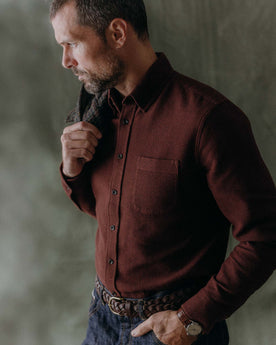 fit model in The Jack in Burgundy Waffle, Wovens by Taylor Stitch