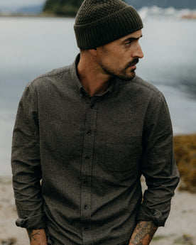 fit model in The Jack in Dark Forest Houndstooth, Wovens by Taylor Stitch