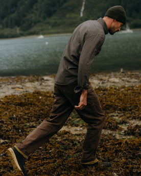 fit model showing the houndstooth pattern on The Jack in Dark Forest Houndstooth, Wovens by Taylor Stitch